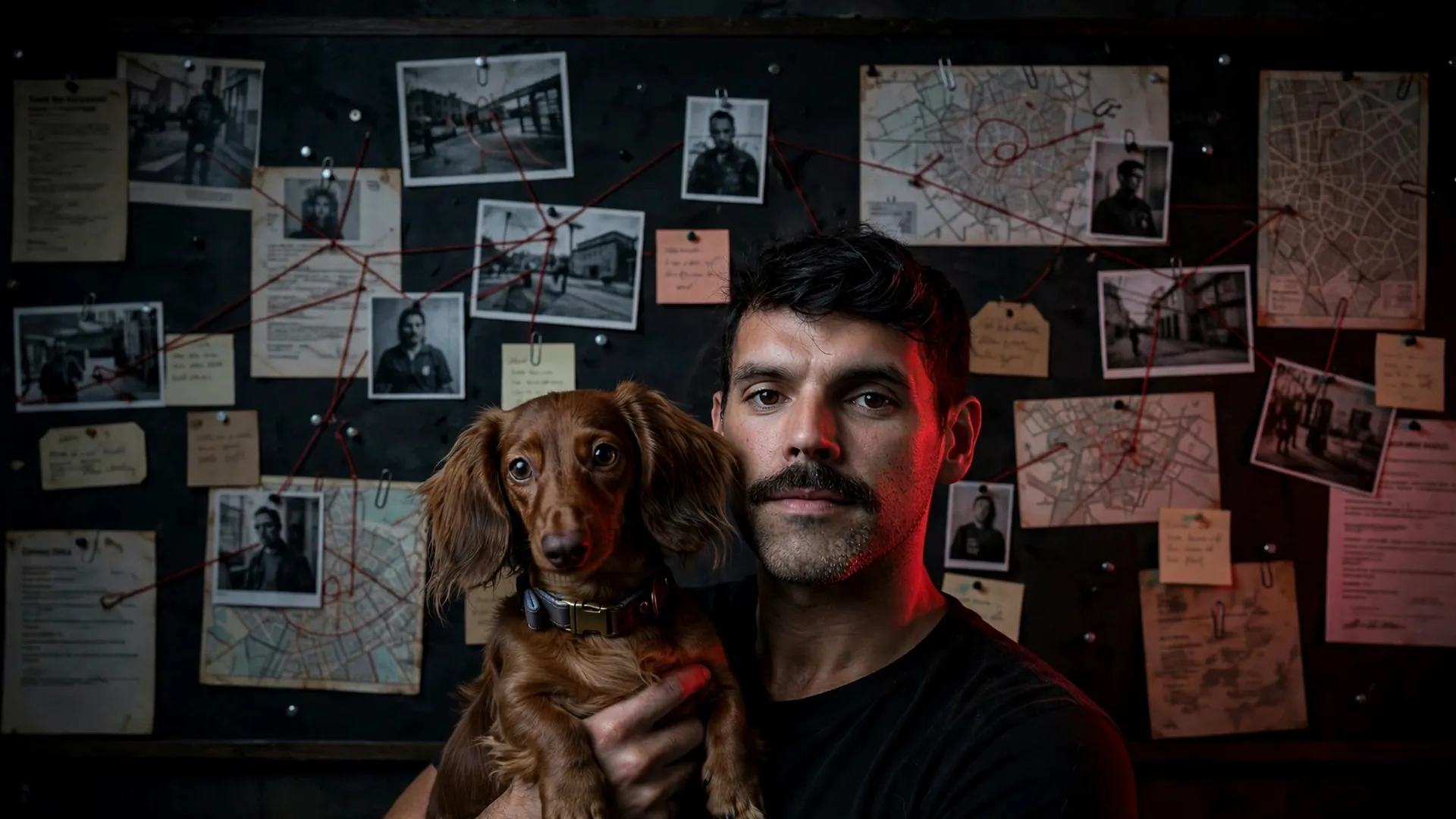 Paul Landó con su perro Felipe frente a un tablero de investigación